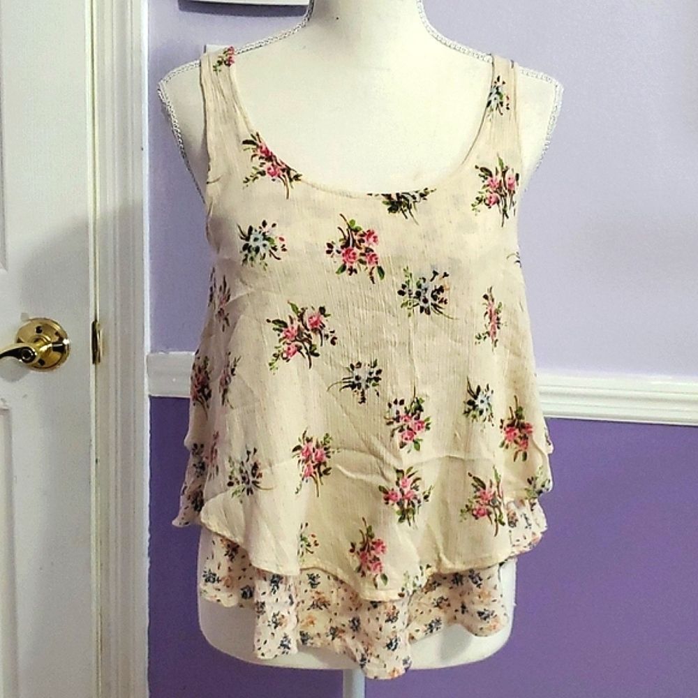 Mossimo Boho Cottage Light Pink Floral Flowy Gauzy Overlayed Sleeveless Top S